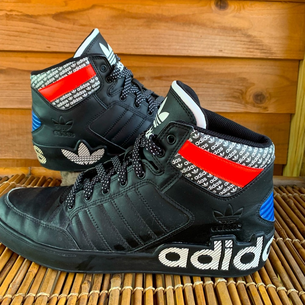Adidas Men's Black and Red High-Top Sneakers